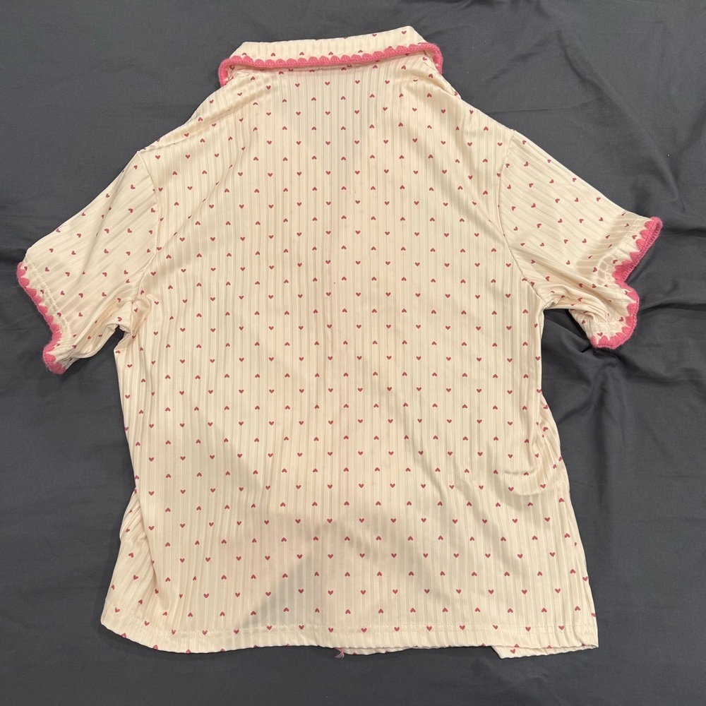 Coquette Aesthetic Ribbed Heart Pajamas Shorts Set with Scalloped Trim-Medium - Picture 11 of 14